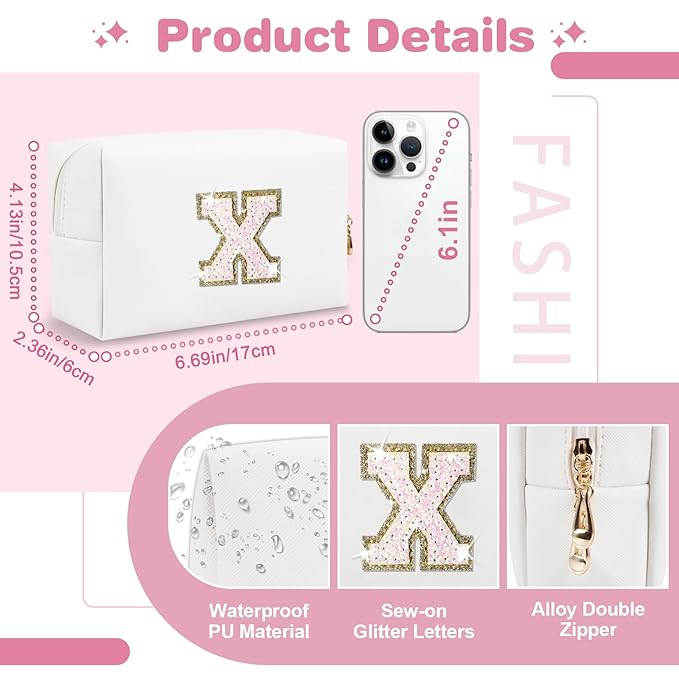 Small Initial Patch Makeup Bag Personalized Gifts Make Up Bag,White Cute PU Leather Glitter Letter Cosmetic Bag with Zipper,Trendy Portable Travel Toiletry Pouch,Preppy Stuff for Teen Girls Women X
