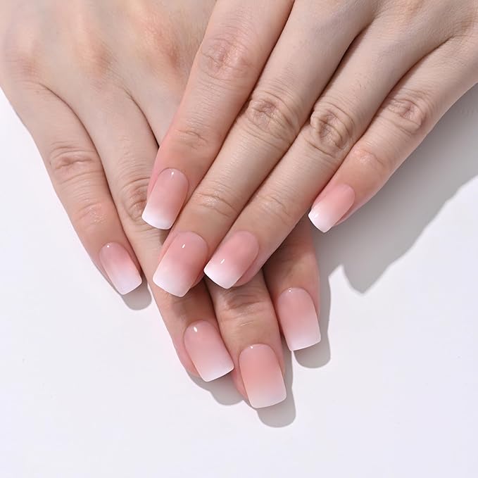 XZMeiLun Pink Nude Ombre Press On Nails Short Square, Gradient French Tip Designer Fake Nail Reusable Real Acrylic Nails for Women, Glossy Soft Gel False Nail with Glue On Nails, Wedding Stick On Nail