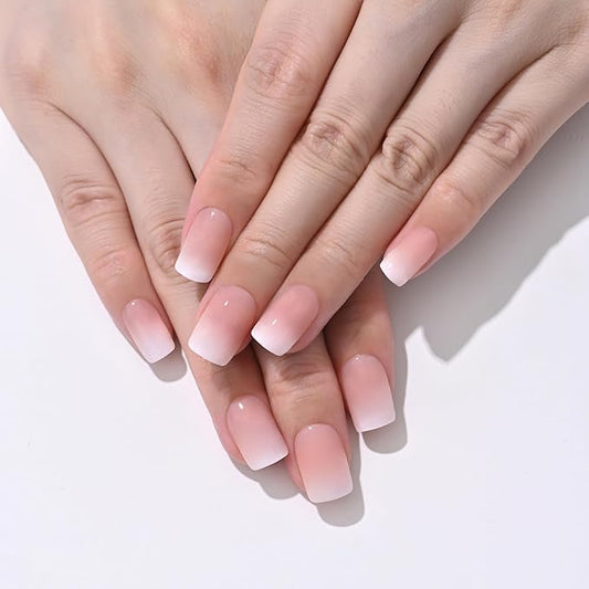 XZMeiLun Pink Nude Ombre Press On Nails Short Square, Gradient French Tip Designer Fake Nail Reusable Real Acrylic Nails for Women, Glossy Soft Gel False Nail with Glue On Nails, Wedding Stick On Nail