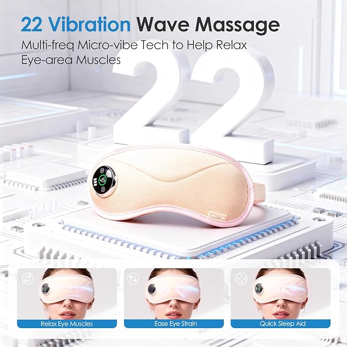 Heated Eye Mask with Massager, 3D Contoured Light-Blocking Sleep Mask for Dry Eyes, LED Display & 3-Level Heat/Vibration Modes,Gift for Men & Women, Ideal for Home, Office & Travel Use (Pink)