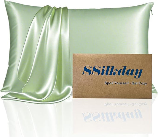 Mulberry Silk Pillow Cases with Zipper, Ultra Smooth Soft Breathable Cooling Pillow Cases for Hot Sleepers, Silk Satin Pillowcase for Hair and Skin, Gifts for Women (Sage Green, Standard Size, 1 Pack)
