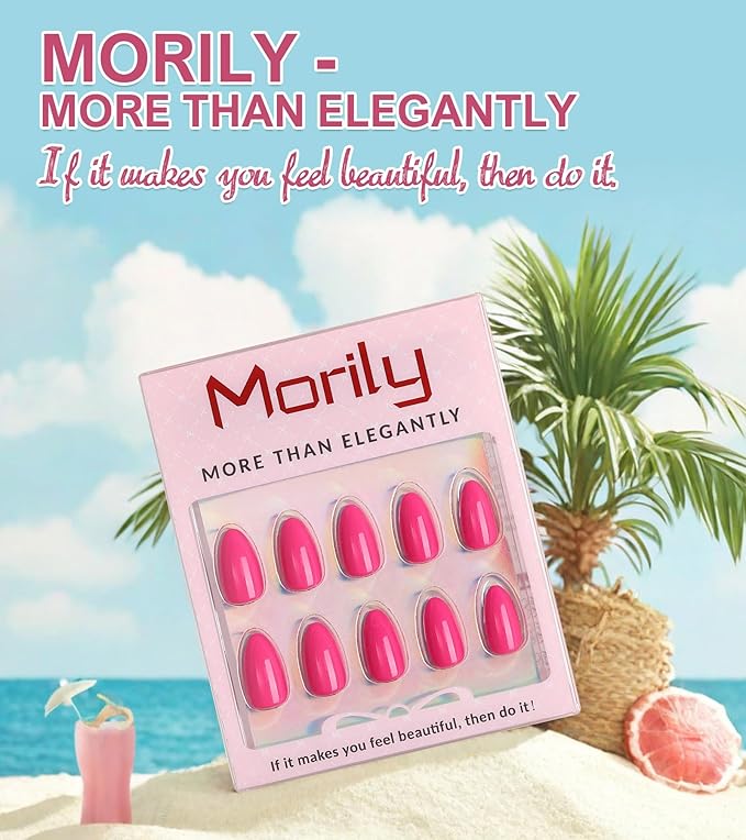 Morily 30Pcs Hot Pink Press on Nails Almond, Short Fake Nails Glossy Acrylic False Nails Reusable Full Cover Stick on Nails for Women, 15 Sizes, Thicker Fingertips