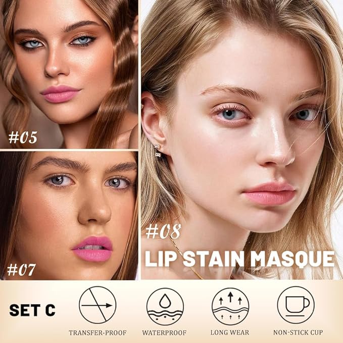 evpct 3Pcs Peel Off Lip Stain Tints with Tweezer, Liquid Lipstick Lip Stain Gloss Long Lasting Waterproof for Women, Non-stick Cup Lipstick Peel Off Highly Pigmented 24 Hrs Original Lips Stains, Set03