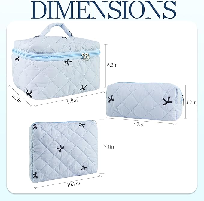 Makeup Bag, 3 PCS Quilted Makeup Bag, Cute Floral Cotton Cosmetic Bag set, Coquette Makeup Pouch Large Travel Toiletry Bag