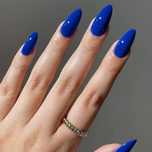 JONKASIPA Medium Almond Nails (Short) - Blue Pressed False Nails, Oval French Nails, Perfect Fit and Reusable Women's Nails, 12 Size Nail Set