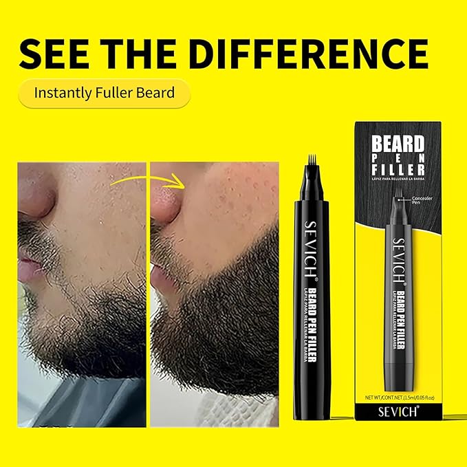 SEVICH Beard Pencil Filler for Men Black,Unique 4-Tip Beard Pen Resistant,Instantly Fills Sparse Areas & Covers Gaps,Waterproof & Sweat-Resistant,Natural Effects