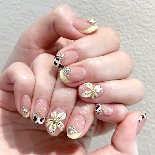 24Pcs Leopard French Tip Press on Nails Shiny Rhinestones 3D Flower Designs Summer Short Round Fake Nails Yellow French Petal Floral False Nails Stick on Nails for Women Balls Parties Dates Wear