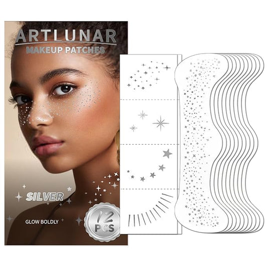 Artlunar 12Pcs Valentine's Mardi Gras Silver Sparkle Makeup Patches - Body Glitter Stickers for Face and Body, Perfect for Festivals Parties (Silver), Gifts for Women and Girls.