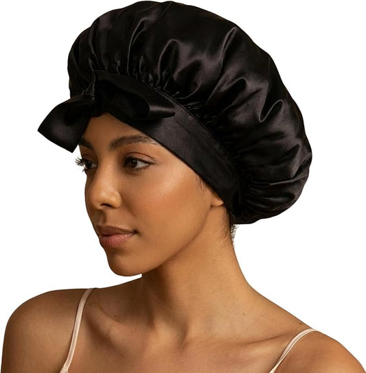 100% Mulberry Silk Hair Sleep Bonnet - Reversible Sleep Bonnet for Women, Wide Band Adjustable Tie, Night Cap for Curly Hair