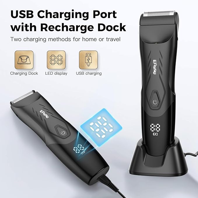 ENSSU 2-in 1 Body Hair Trimmers for Men, Pubic Groin Hair Trimmer for Men with Dual-Head Trimmer & Foil Blade, Electric Ball Trimmer Razors w/Light, Charging Dock, Waterproof Body Groomer Shaver Kit