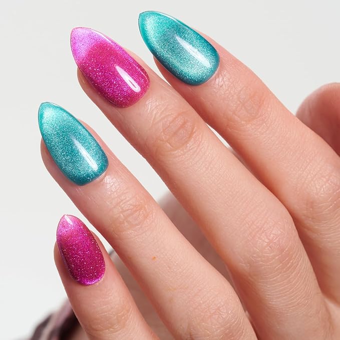 GLAMERMAID Pink Blue Magnet Cat Eyes Press On Nails Short Almond, Aurora Magnetic Handmade Soft Jelly Gel Fake Nails, Ombre Round Oval Stick Glue on Nail Kit for Women, Reusable Acrylic False Nail Set