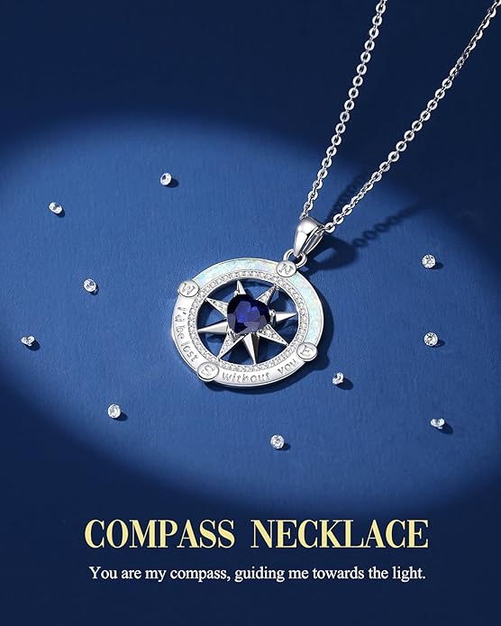FANCIME Compass Necklace for Women Sterling Silver Compass Jewelry Opal Pendant Fine Jewelry Gemstone Birthday Christmas Gifts for Wife