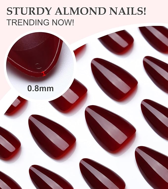 Morily Short Press on Nails Almond, 30Pcs Burgundy Fake Nails in 15 Sizes Glossy Wine Red False Nails Reusable Acrylic Stick on Nails for Women