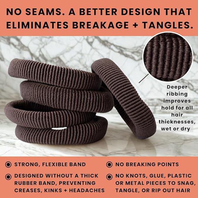 Soft Elastic Hair Ties | No Damage Hair Ties for Thick Hair | Seamless, Non-Slip, Comfortable & Durable Elastic Hair Bands for Women's Hair | Unbreakable & Stretchy Pack of 5 Brunette