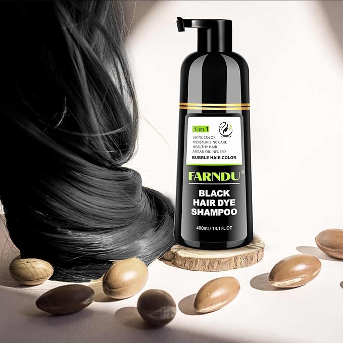 Farndu Black Hair Dye Shampoo- Gray Coverage, Herbal Natural 3 in 1 Hair Color Shampoo for Men & Women