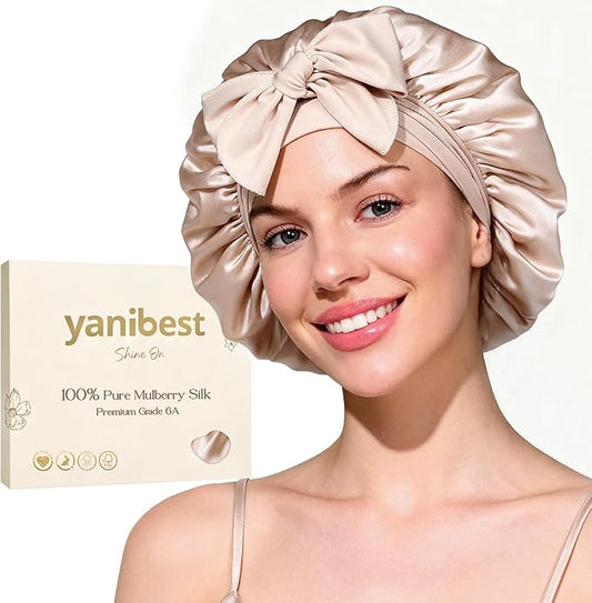 YANIBEST 22 Momme 100% Mulberry Silk Bonnet for Sleeping Women Double Layer Sleep Bonnet with Tie Band, Sleep Cap