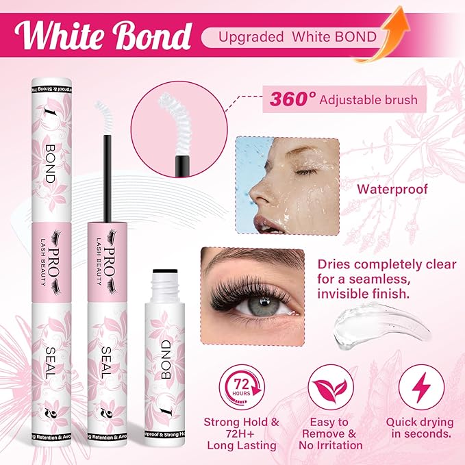 PROLASHBEAUTY Lash Cluster Glue Clear Lash Glue Lash Bond and Seal for Eyelash Clusters 2-3S Fast Drying Waterproof Strong Hold 72H+ Eyelash Glue (10ml, Clear Bond & Clear Seal)