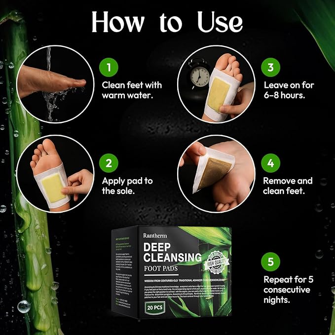 Rantherm Foot Pads, Bamboo Vinegar and Ginger Adhesive Pads for Daily Foot Use, 20 Packs
