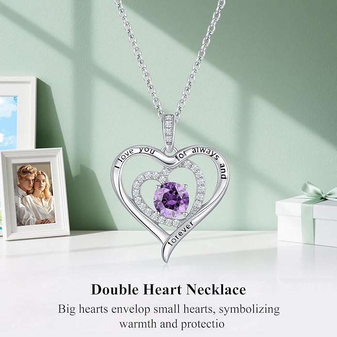 S925 Sterling Silver Necklace for Women, Valentines Day Gifts for Her, Love Heart Birthstone Necklaces for Women, Wife Jewelry, Mom Birthday Valentines Mothers Day Gifts, Girlfriend Necklaces, Daughter Heart Jewel, Anniversary for Her