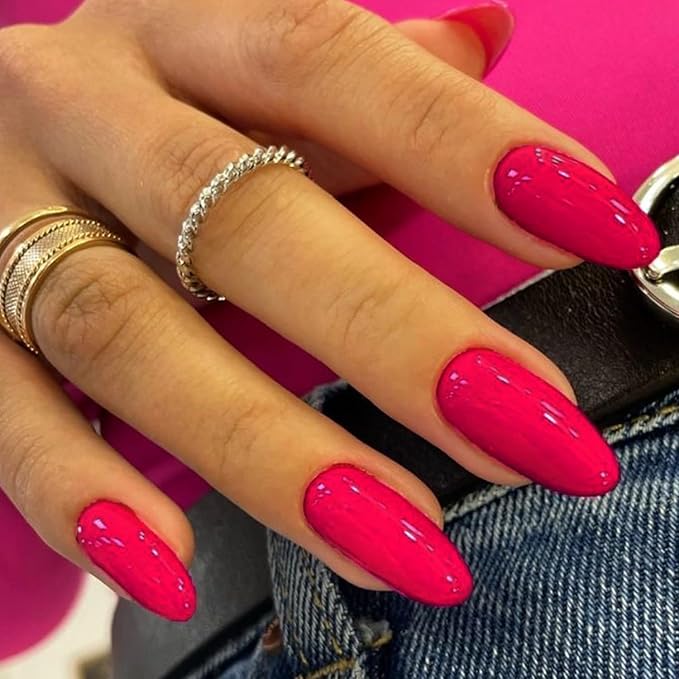 GLAMERMAID Hot Pink Press on Nails Medium Almond, Rose Red Handmade Jelly Soft Gel Pure Glue on Nails Stiletto, Summer Spring Fake Nails Short Oval, Reusable Acrylic Stick on False Nails Kit for Women