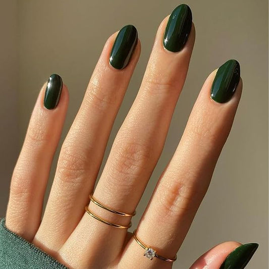 Modelones Dark Green Press on Nails Almond, Short Almond Fake Nails, Reusable Nail Kit with Nail Glue Adhesive Tabs Mini Nail File, Nails Press Ons 32Pcs 16 Sizes