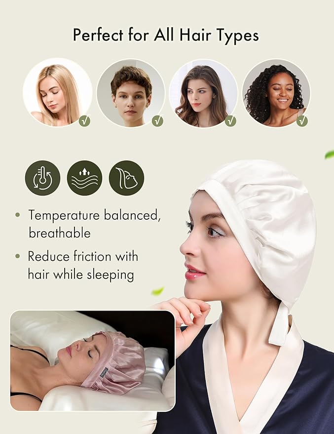 LILYSILK 100% Mulberry Silk Bonnet, 19 Momme Silk Night Sleep Cap Adjustable Hair Wrap for Sleeping, Ivory