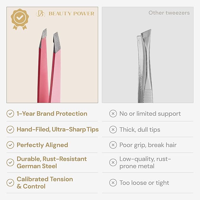 Beauty Power Ultra-Precision Professional Slant Tweezers for Women Facial Hair - German Stainless Steel, Lightweight Black Tweezers for Women & Men, Ideal for Eyebrow & Facial Grooming (Pink)