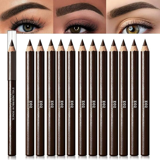 Eyebrow Pencils for Women, 12Pcs Hard-Core Wooden Eye Brow Eye Liner Pencils for Beginner Makeup, Black Coffee Brown Colors, Waterproof & Sweat-Proof (Coffee-12 Pcs-E02)