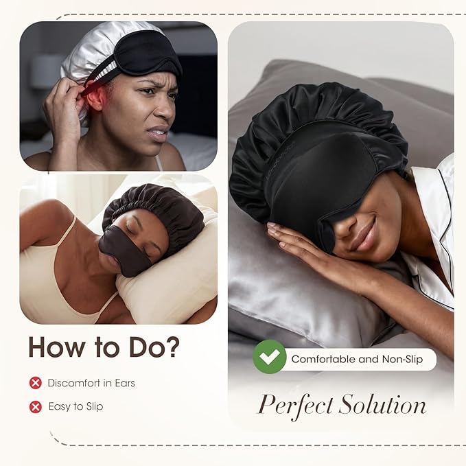 LC-dolida Satin Silk Bonnet for Sleeping Women Men, 2-in-1 Adjustable Hair Bonnet for Curly & Natural with Sleep Mask