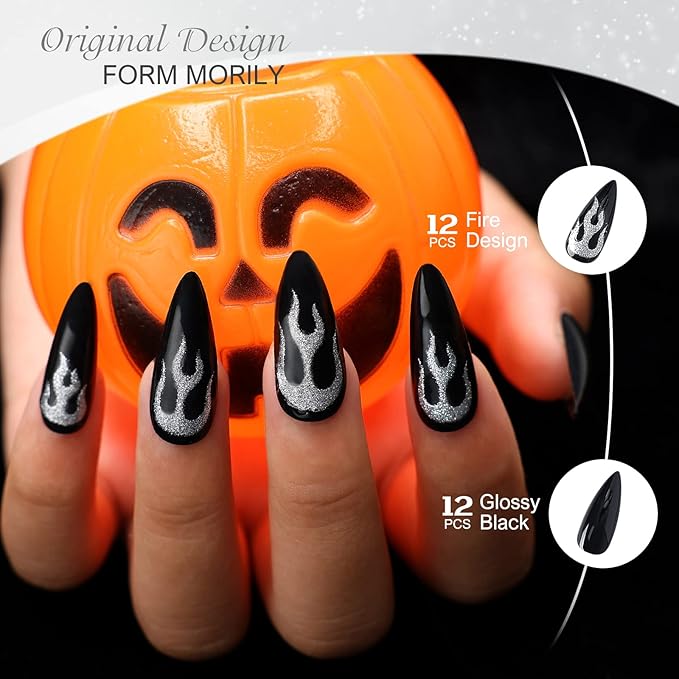 morily Black Press on Stiletto Nails Medium Length Glossy Fake Nails with Fire Pattern Design Acrylic Stick on Nails Long Full Cover Artificial False Nails Manicure for Women (Black Flame)