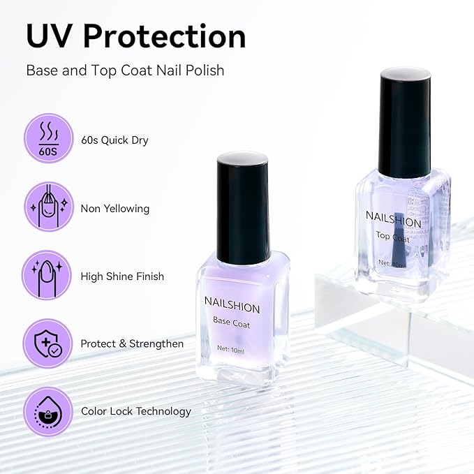 Nailshion Clear Base Top Coat Anti-UV, 2PCS Calcium & VE Base Nail Strengthener High Shine Top Coat, Chip Resistant Quick Air Dry, Protects Color & Nails Prevents Discoloration Women Gift