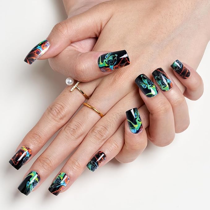 GLAMERMAID Black Press on Nails Medium Square, Tie Dye Gothic Gel False Nals, Ombre Color Oil Paint Emo Glue on Nails Kit for Women, Dark Comic Reusable Stick on Acrylic Fake Nails Manicure Set