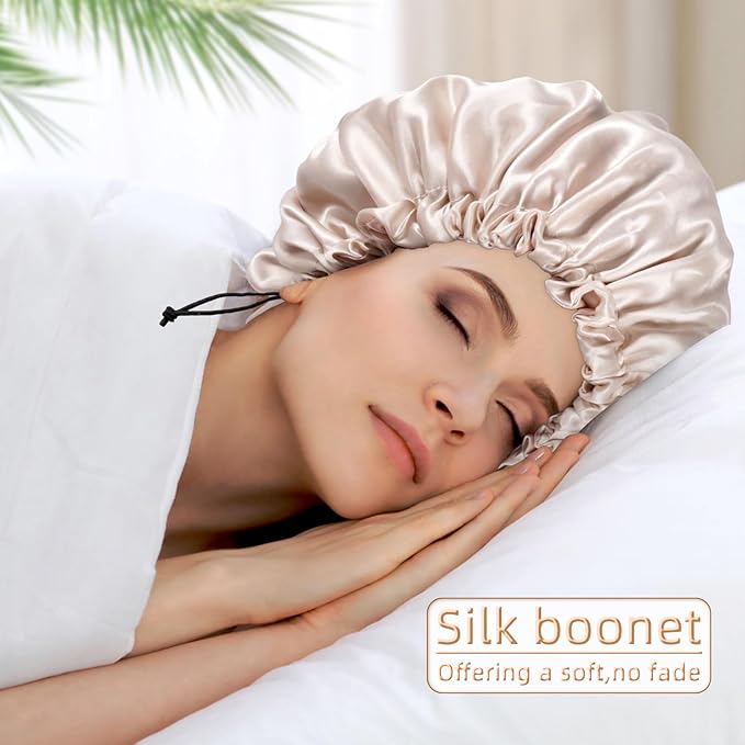 Satin Silk Bonnet for Curly Hair Bonnet Braid Bonnet for Sleeping Bonnets for Women Large Double-Layer Adjustable(Champagne&Pink)