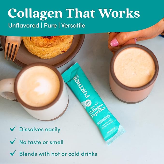 Further Food Unflavored Collagen Peptides Powder Stick Packs - 100% Grass-Fed, Hydrolyzed Type 1 & 3, 20g of Collagen per Serving, Supports Skin, Hair, Nails & Joints, 8.47 Oz
