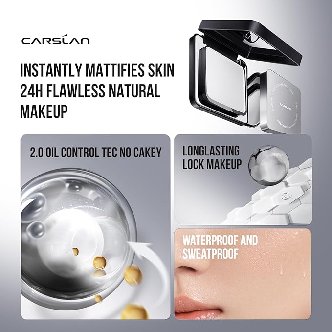 CARSLAN 2.0 Black Magnet Soft Focus Powder, Waterproof Translucent Pressed Setting Powder, 24H Longlasting Talc-Free Face Powder, Oil Control Compact Makeup,02 Translucent For Oily Skin, 0.28Oz