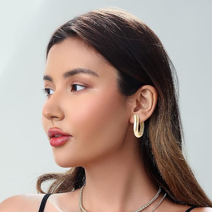 HILXURY Gold Chunky Hoop Earrings Set for Women, 14K Gold Plated Twisted Huggie Hoop Earring Hypoallergenic, Thick Open Hoops Set Lightweight