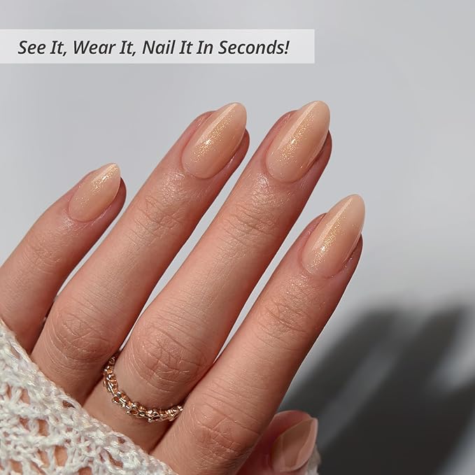 BTArtbox Press On Nails Short - Lamp-Curable Sparkly Almond Press On Nails with Glue for Women, Semi-Transparent Soft Gel Glue On Nails in 16 Sizes - 32 Stick On Nails Kit, Glow Mates