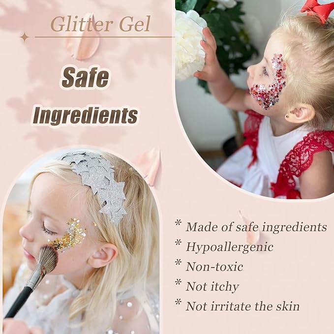 Face Body Glitter, Hair Glitter Sparkles Chunky Face Glitter Gel for Girls Makeup Singer Concerts Mermaid Festival Sequins Face Paint (3pc Rose)