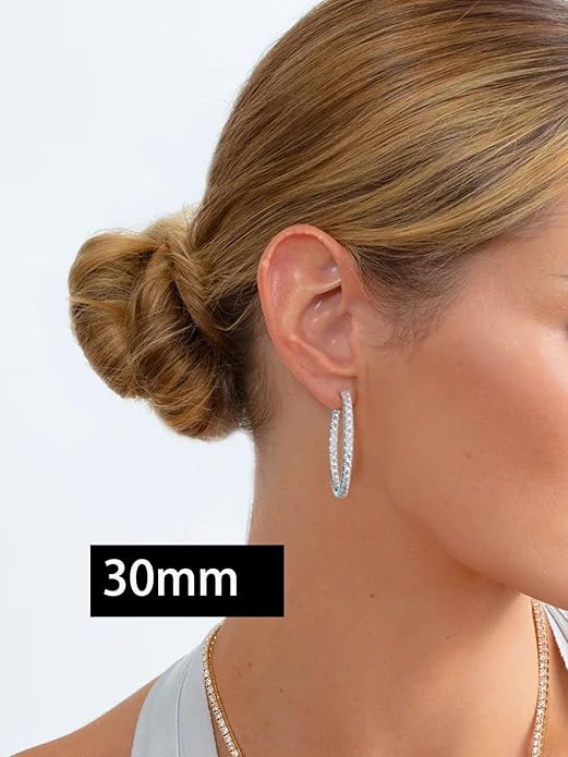 Wyyxl Womens Diamond Hoop Earrings, 20/25/30mm Small Hoop Sterling Silver Based Hypoallergenic Huggie Stud, Sparkle Moissanite 5a Cubic Zirconia Earings Jewelry for Woman Daily Party Wear