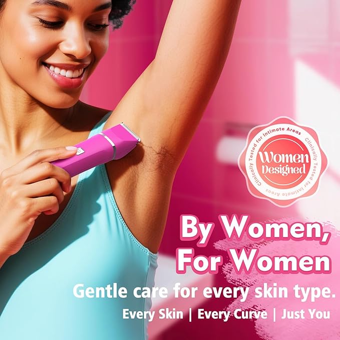 Bikini Trimmer for Women - IPX7 Waterproof Pubic Hair Remover for Shower & Travel, 3-in-1 Bikini Trimmer with Body/Round/Curved Heads, Hypoallergenic Foil & Ceramic Blades, Self-Care Gifts for Her