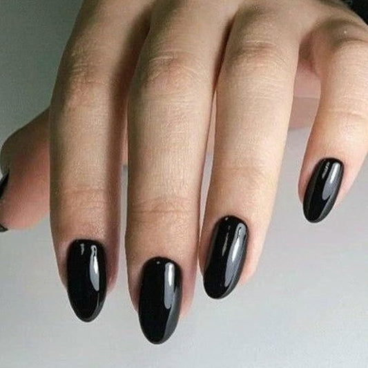 modelones Black Short Press on Nails, Oval Fake Nails Kit Press Ons with Nail Glue, Adhesive Tabs, Nail File, Prep Pad, Manicure Stick, 32Pcs 16 Sizes