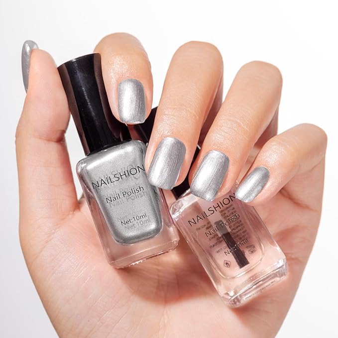 Nailshion Metallic Silver Nail Polish with Base Top Coat, 3 IN 1 Nail Strengthener Quick Dry Clear Nail Polish Duo, Opaque, Non-Gel, Vegan, Liquid Silver Glossy Chrome Nails Art Gift for Women Girls