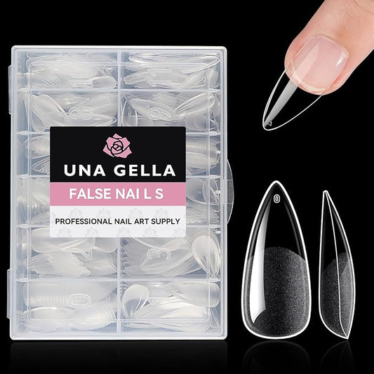 UNA GELLA Stiletto Gel Nails Press On 504Pcs Medium Almond Stiletto Clear Gel Nail Tips Full Cover Pre-matte Fake False Acrylic Nails for Nail Extensions Home Art Salon 12 Sizes