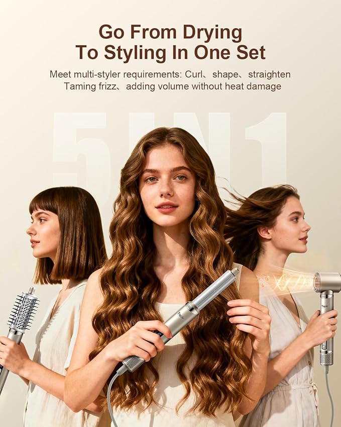 Tqcir 5-in-1 Professional Hair Dryer Brush, Powerful Multi-Styler with Auto-Wrap Curlers, Fast Drying Curling Straightening Volumizing Without Heat Damage, Storage Case Best Gift for Girl/Women