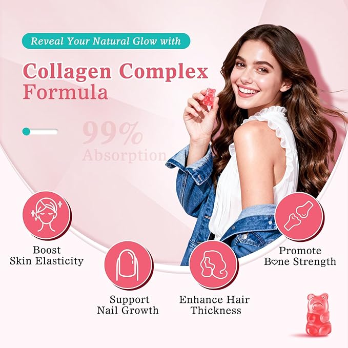 Vazatisi 2 Pack Sugar Free Collagen Gummies for Women Men, Multi Collagen Peptides Gummies Type I II III V X with Biotin Vitamin A B C D E for Hair Skin Nails, Strawberry Flavor, 120 Count