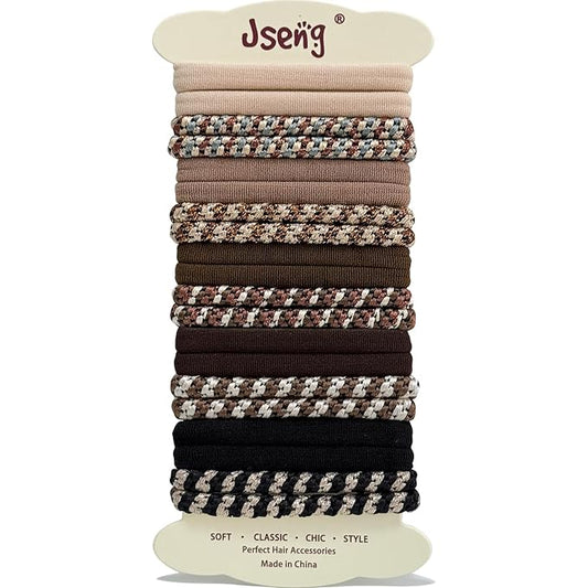 Jseng 20PCS Seamless Hair Ties for Women - Soft No Damage Elastic Braid Hair Accessories for Thick Curly Hair - Caramel Neutral