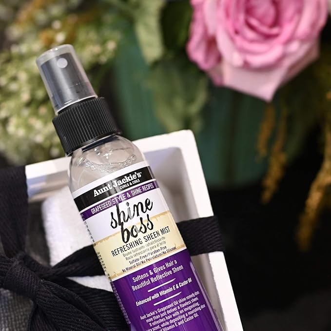 Aunt Jackie's Grapeseed Style and Shine Recipes Shine Boss Refreshing Sheen Hair Mist, Gives Curls, Waves and Coils Shine Without Oily Feel, 4 oz
