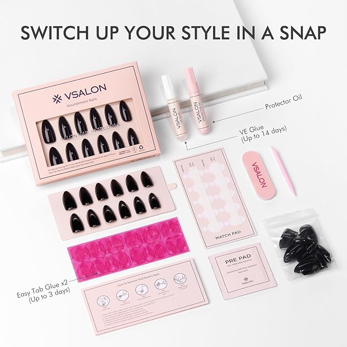 VSALON Press on Nails Medium Almond - Glossy Black Winter Nails for Women, Reusable Solid Opaque Gel Fake Nails with Glue & Cuticle Oil - 32 PCS Glue On Nails in 16 Sizes (Enchanting Night)