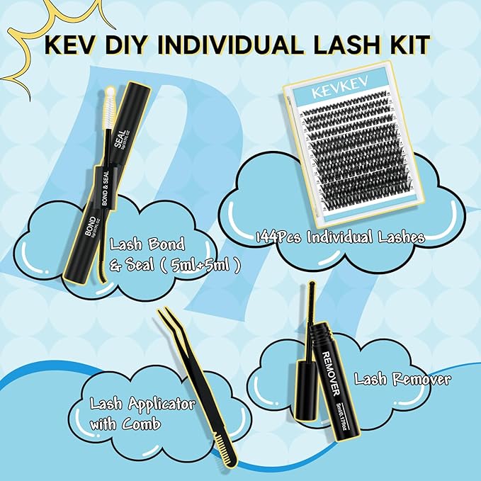 KevKev Lash Clusters Kit Eyelash Clusters Kit 144pcs Cluster Eyelash Extensions Kit DIY Lash Extension Kit Wispy Lash Clusters with Lash Bond and Seal Lash Applicator Lash Remover(Land, D-8-18mix)