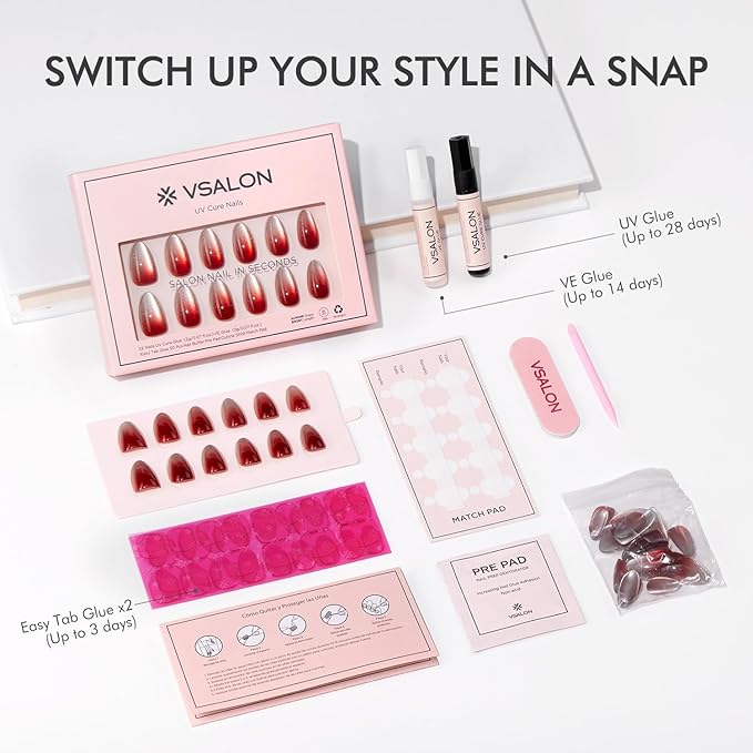 VSALON Press On Nails Short Almond, 32 Pcs 16 Sizes Red Cat Eye Press On Ombre Chrome Fake Nails With UV Cure Glue, Reusable Stick On Nails False Nails Kit Valentines Gifts For Women